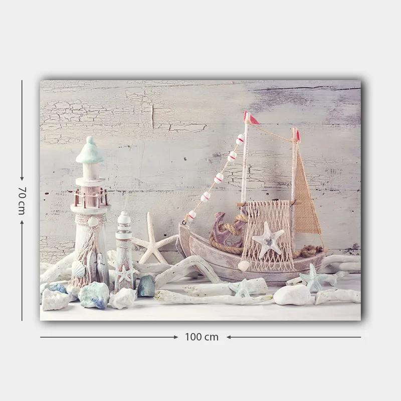 Lerretsbilde 70x100 cm - Nautisk komposisjon med båt, sjøstjerner og lanterner i maritim stil - Blå / Hvit / Beige - Innredning - Bilder & kunst - Lerretsbilder