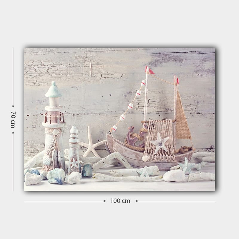 Lerretsbilde 70x100 cm - Nautisk komposisjon med båt, sjøstjerner og lanterner i maritim stil - Blå / Hvit / Beige - Innredning - Bilder & kunst - Lerretsbilder