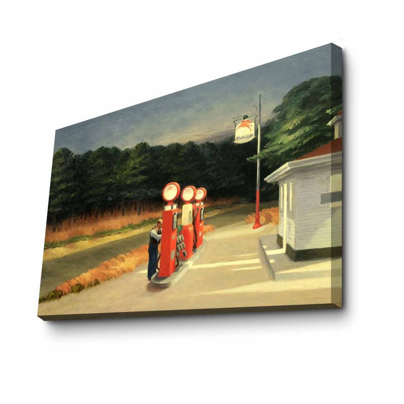 Lerretsbilde 70x100 cm - Nostalgisk bensinstasjon med vintagepumper i naturskjønne omgivelser - Rød / Grønn / Blå - Innredning - Bilder & kunst - Lerretsbilder