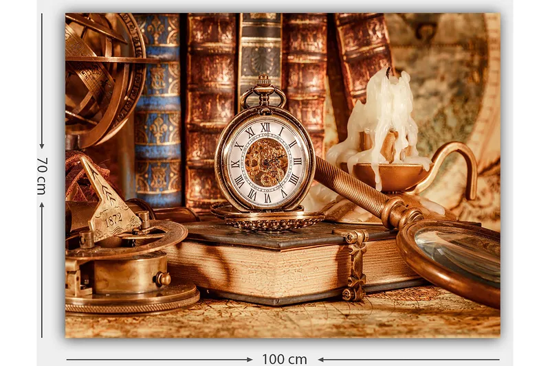 Lerretsbilde 70x100 cm - Nostalgisk samling av antikke gjenstander, inkludert lommeur, bøker og lysestake - Gull / Brun / Beige - Innredning - Bilder & kunst - Lerretsbilder