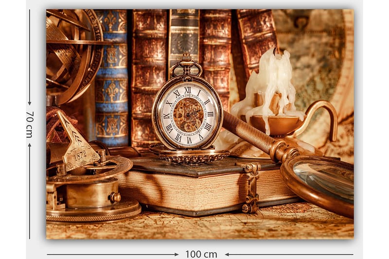 Lerretsbilde 70x100 cm - Nostalgisk samling av antikke gjenstander, inkludert lommeur, bøker og lysestake - Gull / Brun / Beige - Innredning - Bilder & kunst - Lerretsbilder