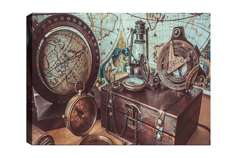 Lerretsbilde 70x100 cm - Nostalgisk samling av navigasjonsverktøy og en globus som fremhever eventyr og utforskning, Brun / Gull / Blå