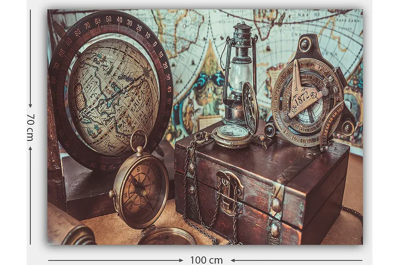 Lerretsbilde 70x100 cm - Nostalgisk samling av navigasjonsverktøy og en globus som fremhever eventyr og utforskning - Brun / Gull / Blå - Innredning - Bilder & kunst - Lerretsbilder