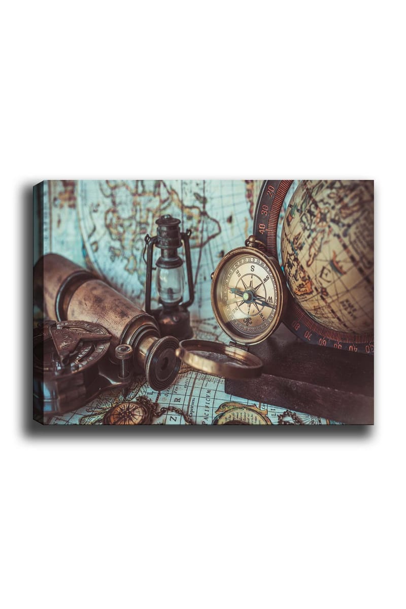 Lerretsbilde 70x100 cm - Nostalgisk samling av navigasjonsverktøy og et gammelt kart, Brun / Gull / Grønn