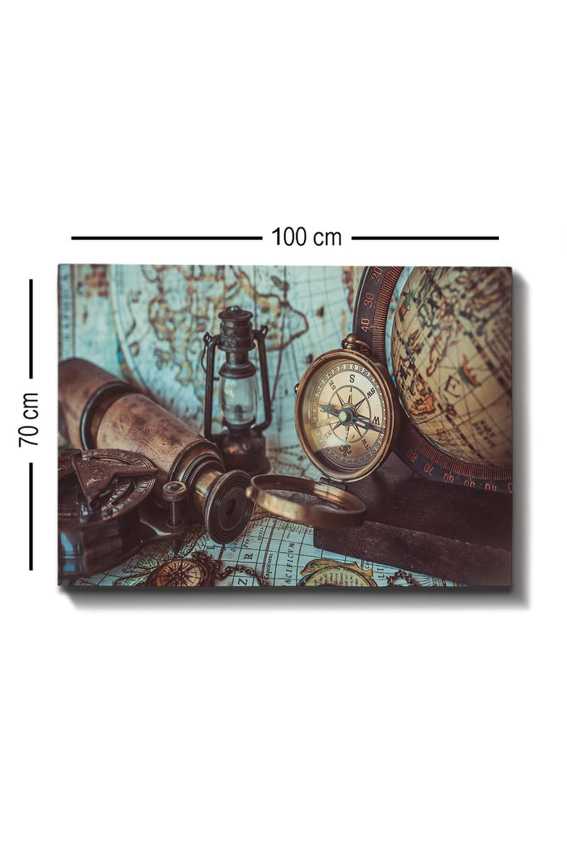 Lerretsbilde 70x100 cm - Nostalgisk samling av navigasjonsverktøy og et gammelt kart - Brun / Gull / Grønn - Innredning - Bilder & kunst - Lerretsbilder