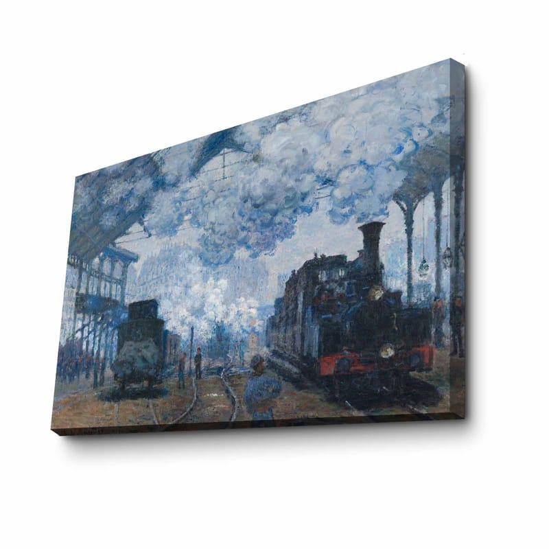 Lerretsbilde 70x100 cm - Nostalgisk skildring av en togstasjon med damplokomotiver og mennesker i bevegelse - Blå / Grå / Brun - Innredning - Bilder & kunst - Lerretsbilder