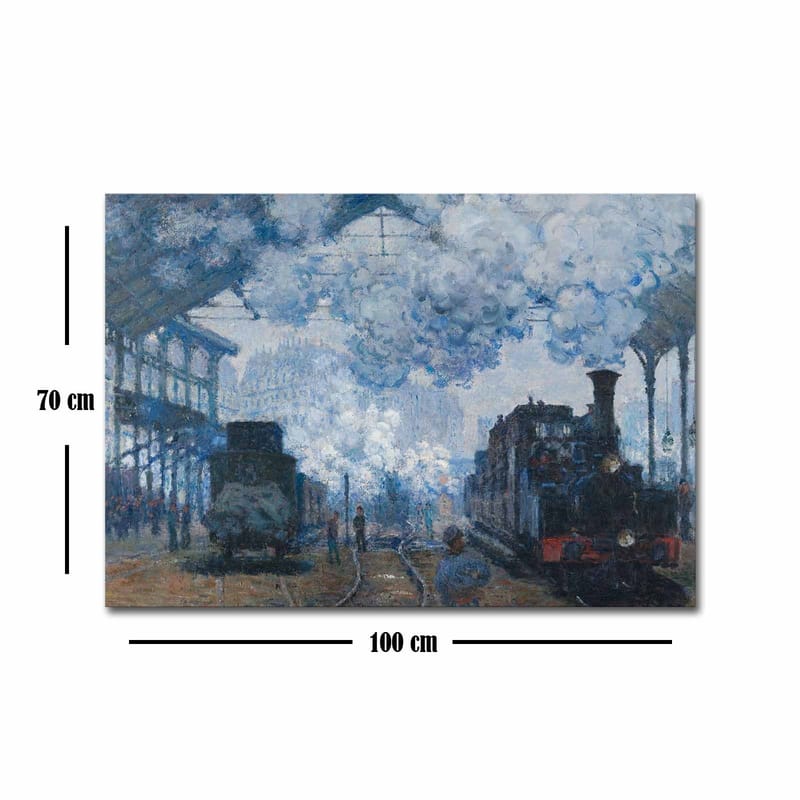 Lerretsbilde 70x100 cm - Nostalgisk skildring av en togstasjon med damplokomotiver og mennesker i bevegelse - Blå / Grå / Brun - Innredning - Bilder & kunst - Lerretsbilder