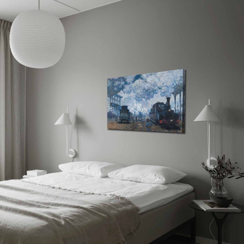 Lerretsbilde 70x100 cm - Nostalgisk skildring av en togstasjon med damplokomotiver og mennesker i bevegelse, Blå / Grå / Brun