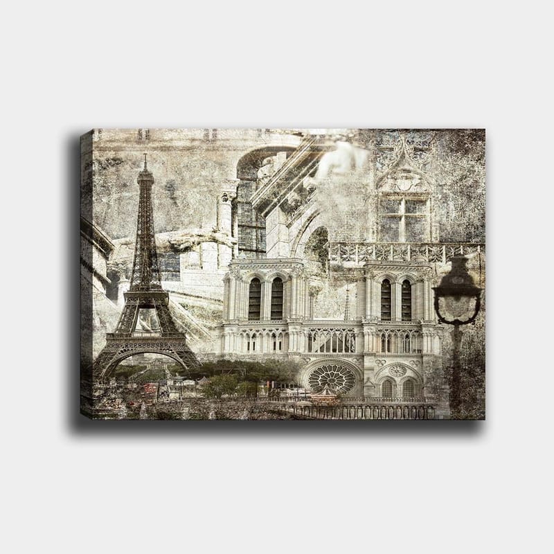 Lerretsbilde 70x100 cm - Nostalgisk utsikt over Paris med Eiffeltårnet og Notre-Dame i fokus, Grå / Beige / Svart