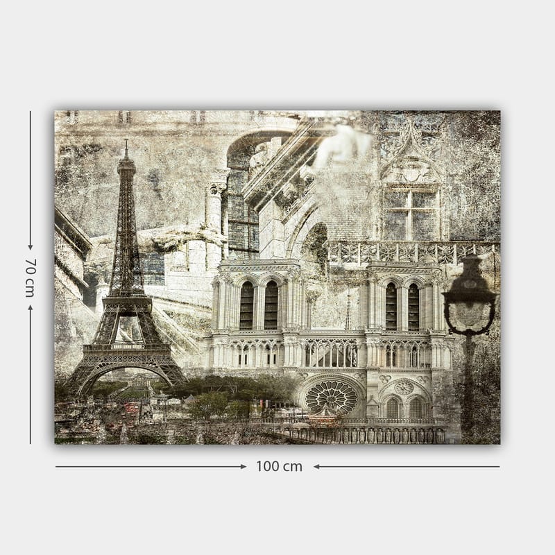 Lerretsbilde 70x100 cm - Nostalgisk utsikt over Paris med Eiffeltårnet og Notre-Dame i fokus - Grå / Beige / Svart - Innredning - Bilder & kunst - Lerretsbilder