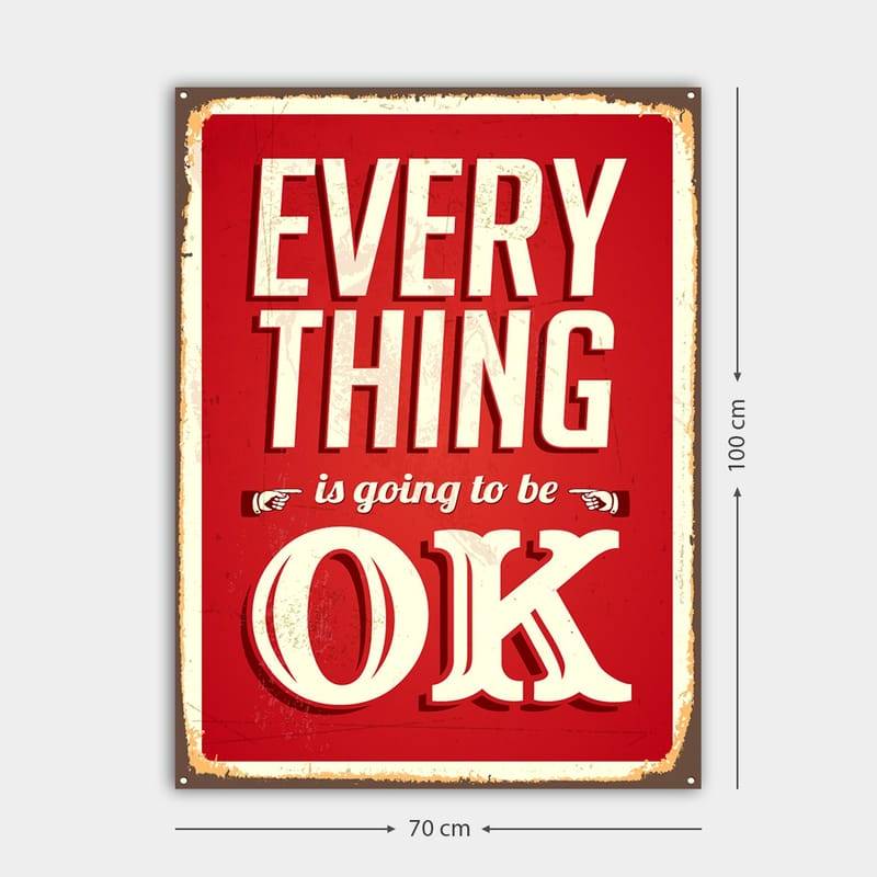 Lerretsbilde 70x100 cm - Oppløftende skilt med teksten EVERYTHING is going to be OK i retrostil - Rød / Hvit - Innredning - Bilder & kunst - Lerretsbilder