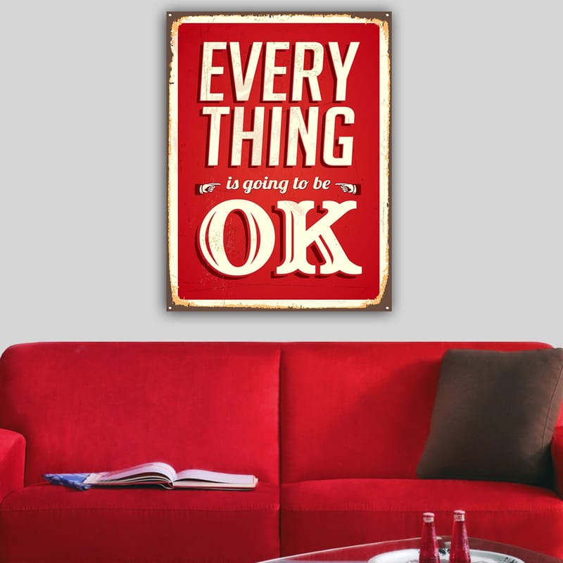 Lerretsbilde 70x100 cm - Oppløftende skilt med teksten EVERYTHING is going to be OK i retrostil - Rød / Hvit - Innredning - Bilder & kunst - Lerretsbilder