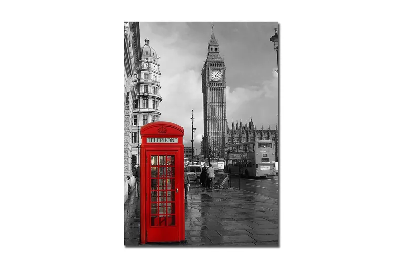 Lerretsbilde 70x100 cm - Rød telefonkiosk foran den ikoniske Big Ben i et svart-hvitt bymiljø, Rød / Svart