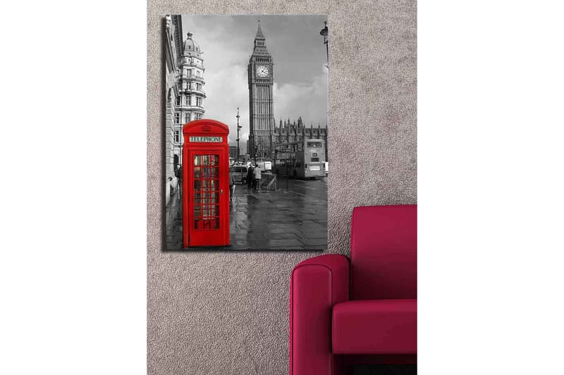 Lerretsbilde 70x100 cm - Rød telefonkiosk foran den ikoniske Big Ben i et svart-hvitt bymiljø - Rød / Svart - Innredning - Bilder & kunst - Lerretsbilder