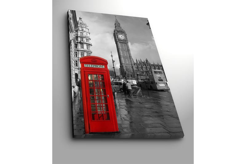 Lerretsbilde 70x100 cm - Rød telefonkiosk foran den ikoniske Big Ben i et svart-hvitt bymiljø - Rød / Svart - Innredning - Bilder & kunst - Lerretsbilder