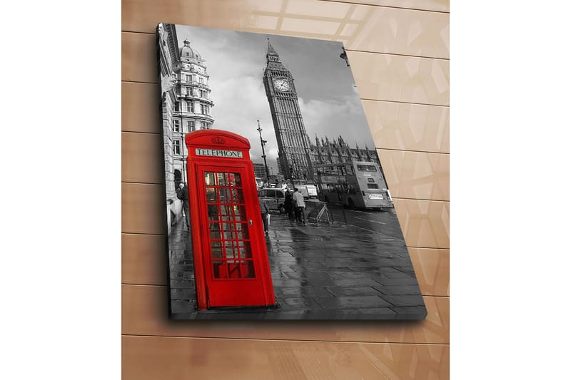 Lerretsbilde 70x100 cm - Rød telefonkiosk foran den ikoniske Big Ben i et svart-hvitt bymiljø - Rød / Svart - Innredning - Bilder & kunst - Lerretsbilder