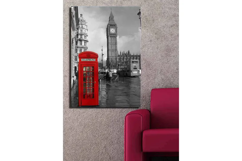 Lerretsbilde 70x100 cm - Rød telefonkiosk foran den ikoniske Big Ben i et svart-hvitt bymiljø - Rød / Svart - Innredning - Bilder & kunst - Lerretsbilder