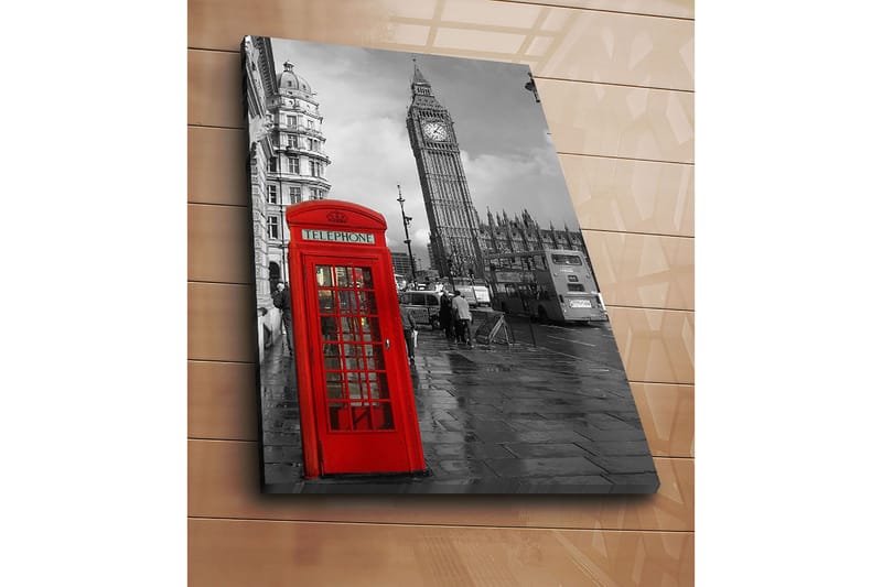 Lerretsbilde 70x100 cm - Rød telefonkiosk foran den ikoniske Big Ben i et svart-hvitt bymiljø - Rød / Svart - Innredning - Bilder & kunst - Lerretsbilder