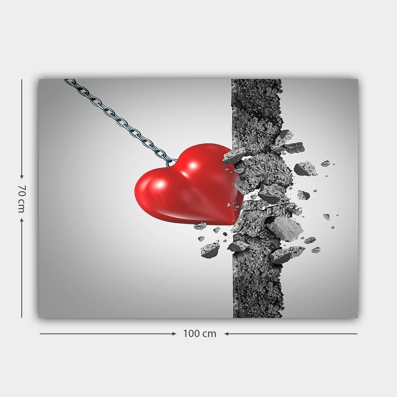 Lerretsbilde 70x100 cm - Rødt hjerte som bryter gjennom en betongvegg - Rød / Grå - Innredning - Bilder & kunst - Lerretsbilder