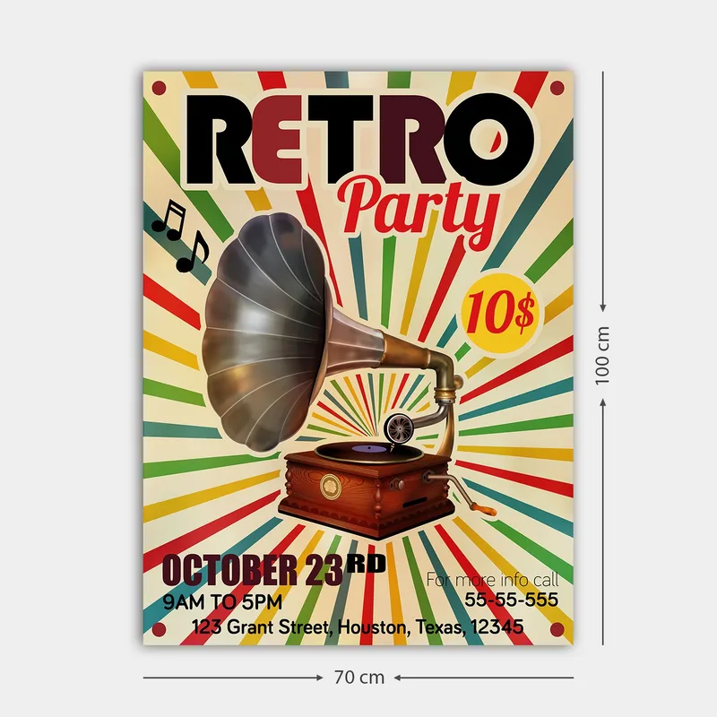 Lerretsbilde 70x100 cm - Retro plakat med en grammofon som hovedmotiv - Gul / Rød / Grønn - Innredning - Bilder & kunst - Lerretsbilder