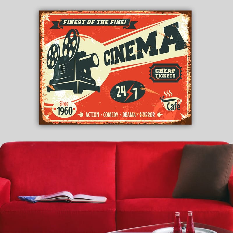 Lerretsbilde 70x100 cm - Retro plakat med et filmkamera som symboliserer kinoverdenen - Rød / Svart / Beige - Innredning - Bilder & kunst - Lerretsbilder