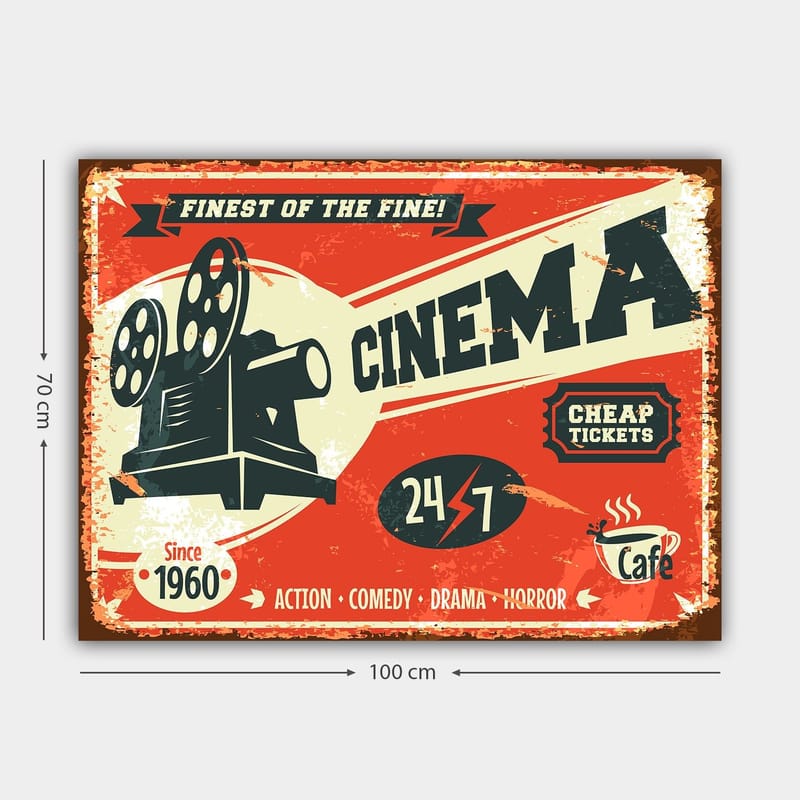 Lerretsbilde 70x100 cm - Retro plakat med et filmkamera som symboliserer kinoverdenen - Rød / Svart / Beige - Innredning - Bilder & kunst - Lerretsbilder