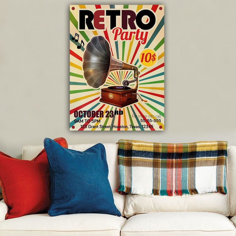 Lerretsbilde 70x100 cm - Retro plakat med en grammofon som hovedmotiv - Gul / Rød / Grønn - Innredning - Bilder & kunst - Lerretsbilder