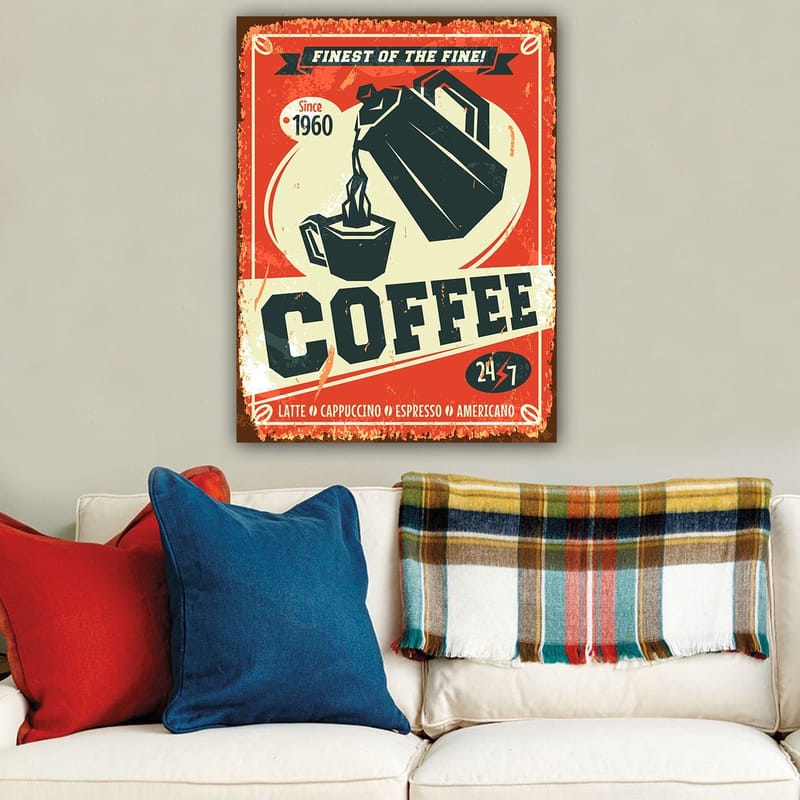 Lerretsbilde 70x100 cm - Retro plakat med en kaffekanne som heller kaffe i en kopp - Rød / Svart / Beige - Innredning - Bilder & kunst - Lerretsbilder