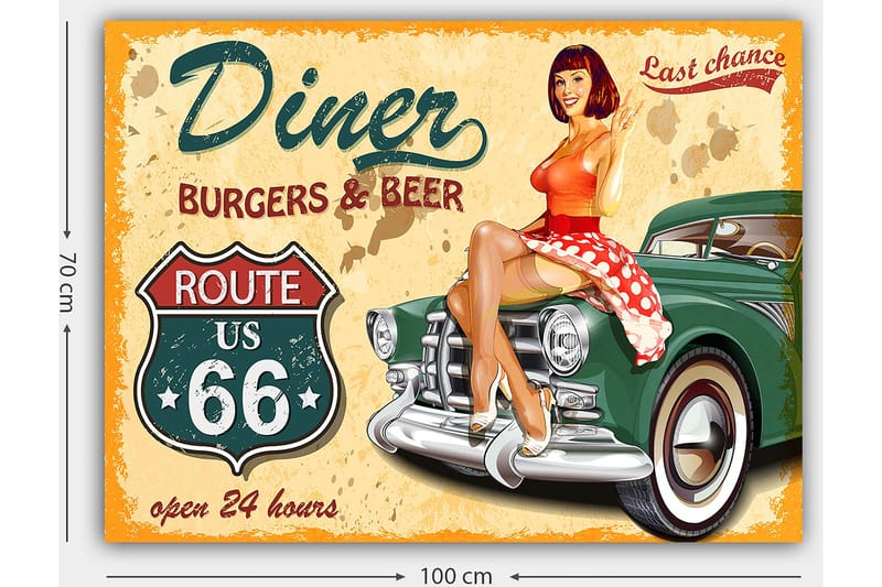 Lerretsbilde 70x100 cm - Retroinspirert maleri med en kvinne i en rød kjole med hvite prikker som sitter på en veteranbil på en diner - Rød / Grønn / Beige - Innredning - Bilder & kunst - Lerretsbilder