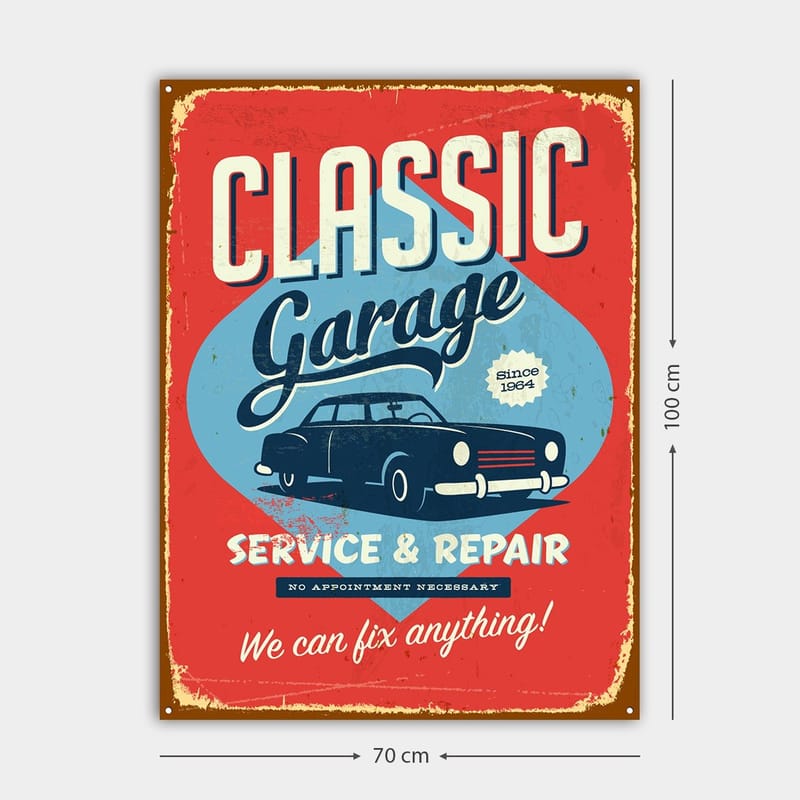 Lerretsbilde 70x100 cm - Retroinspirert skilt med en klassisk bil og tekst for garasjevirksomhet - Rød / Blå / Svart - Innredning - Bilder & kunst - Lerretsbilder