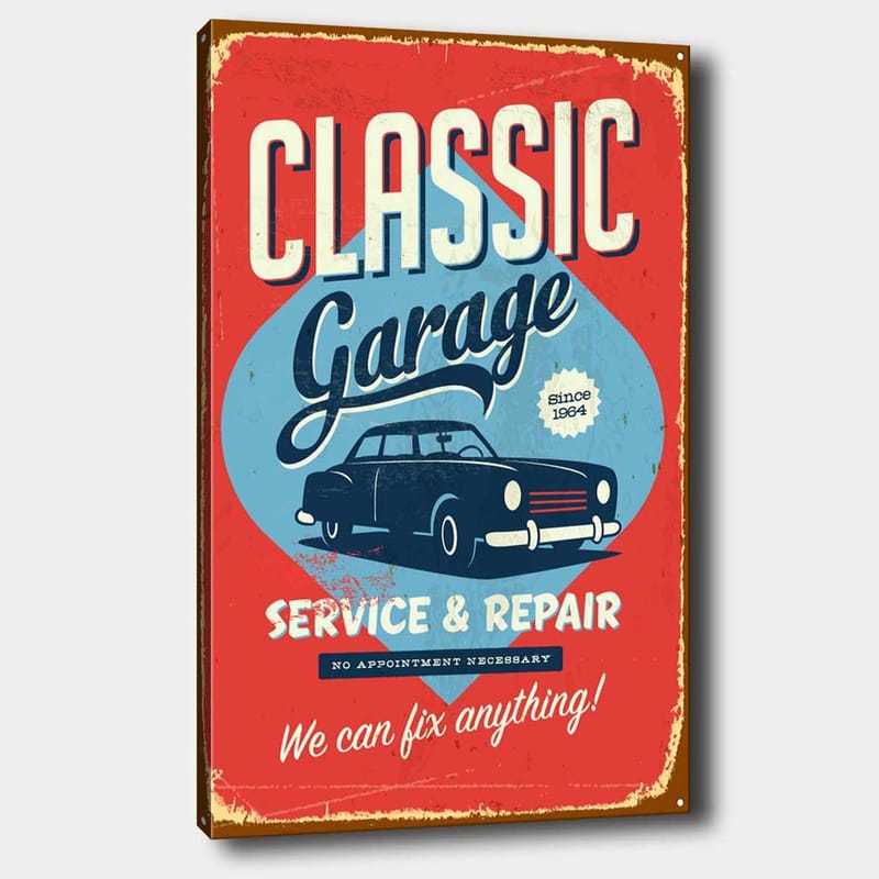 Lerretsbilde 70x100 cm - Retroinspirert skilt med en klassisk bil og tekst for garasjevirksomhet, Rød / Blå / Svart