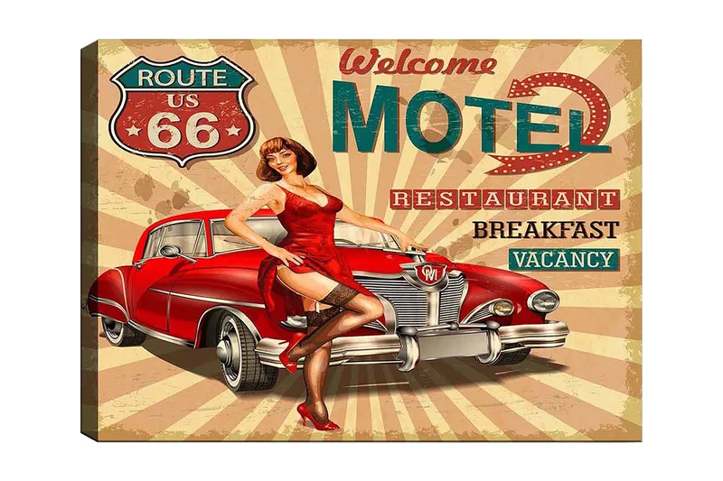 Lerretsbilde 70x100 cm - Retroinspirert plakat med en kvinne i rød kjole som poserer ved en klassisk rød bil, Rød / Svart / Beige