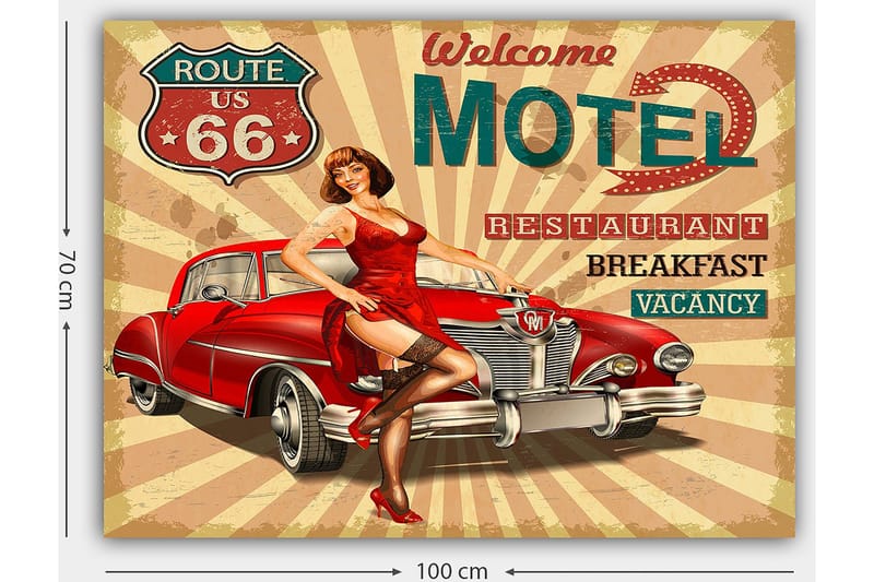 Lerretsbilde 70x100 cm - Retroinspirert plakat med en kvinne i rød kjole som poserer ved en klassisk rød bil - Rød / Svart / Beige - Innredning - Bilder & kunst - Lerretsbilder