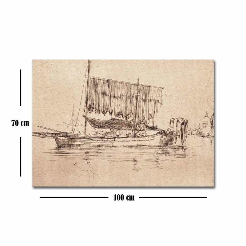 Lerretsbilde 70x100 cm - Rolig havnescene med seilbåter og folk ved vannet - Beige / Brun - Innredning - Bilder & kunst - Lerretsbilder