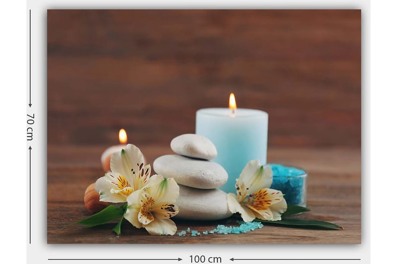 Lerretsbilde 70x100 cm - Rolig komposisjon av steiner, blomster og stearinlys som skaper en avslappende atmosfære - Lys blå / Hvit / Grønn - Innredning - Bilder & kunst - Lerretsbilder