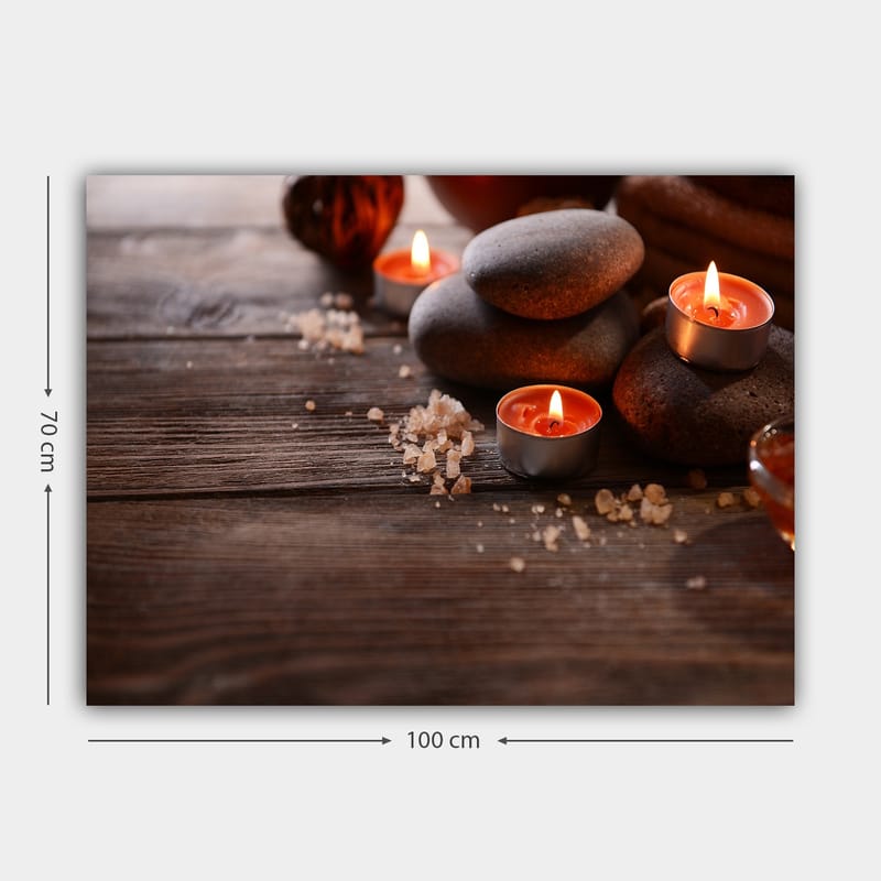 Lerretsbilde 70x100 cm - Rolig komposisjon av steiner og tente lys som skaper en avslappende atmosfære - Grå / Oransje / Brun - Innredning - Bilder & kunst - Lerretsbilder