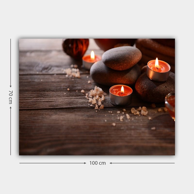 Lerretsbilde 70x100 cm - Rolig komposisjon av steiner og tente lys som skaper en avslappende atmosfære - Grå / Oransje / Brun - Innredning - Bilder & kunst - Lerretsbilder