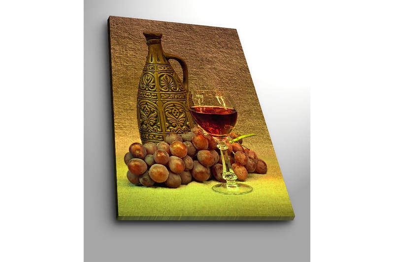 Lerretsbilde 70x100 cm - Rolig komposisjon med en dekorativ mugge, et glass vin og druer - Brun / Burgunder / Grå - Innredning - Bilder & kunst - Lerretsbilder