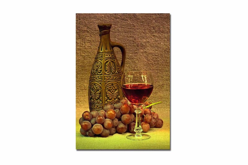 Lerretsbilde 70x100 cm - Rolig komposisjon med en dekorativ mugge, et glass vin og druer - Brun / Burgunder / Grå - Innredning - Bilder & kunst - Lerretsbilder