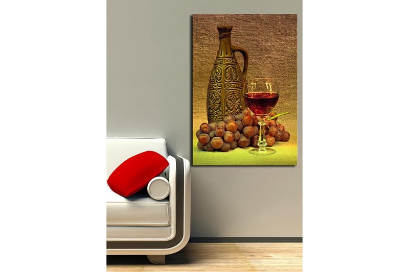 Lerretsbilde 70x100 cm - Rolig komposisjon med en dekorativ mugge, et glass vin og druer - Brun / Burgunder / Grå - Innredning - Bilder & kunst - Lerretsbilder