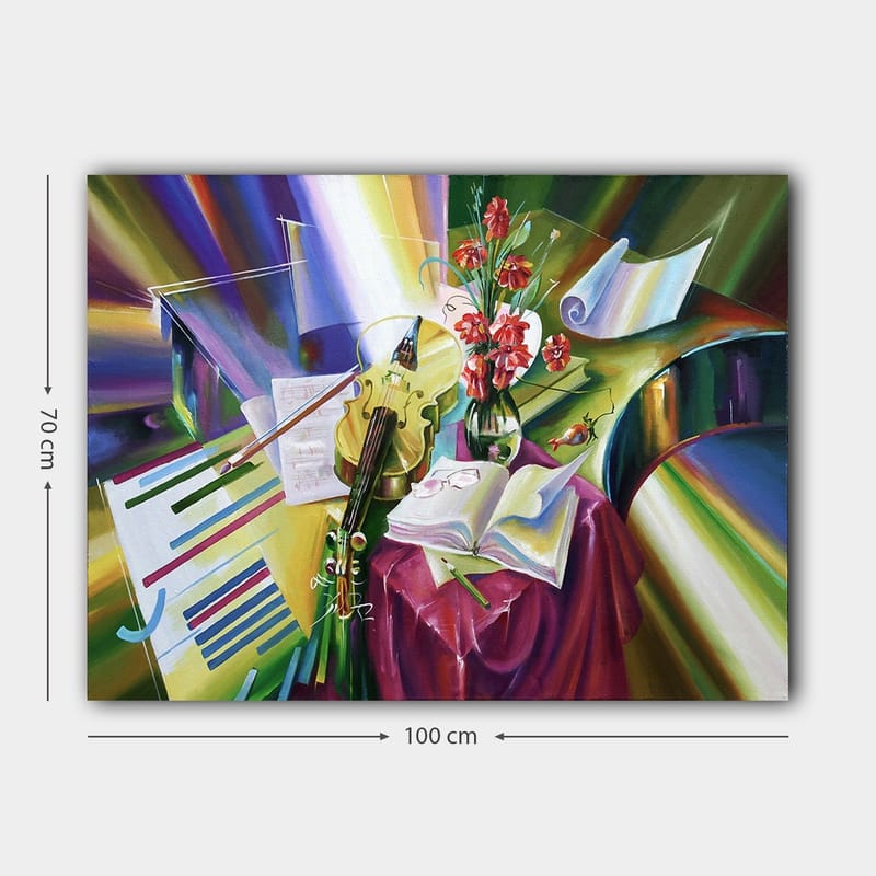 Lerretsbilde 70x100 cm - Rolig komposisjon med fiolin, blomster og noter som fremhever musikkens skjønnhet - Grønn / Rød / Lilla - Innredning - Bilder & kunst - Lerretsbilder