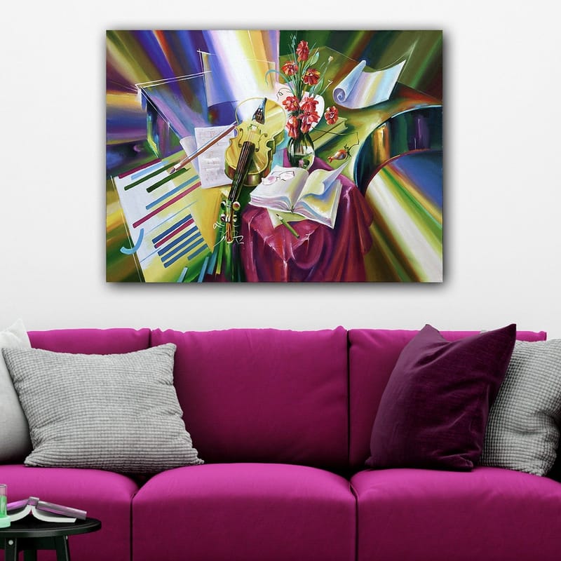Lerretsbilde 70x100 cm - Rolig komposisjon med fiolin, blomster og noter som fremhever musikkens skjønnhet - Grønn / Rød / Lilla - Innredning - Bilder & kunst - Lerretsbilder
