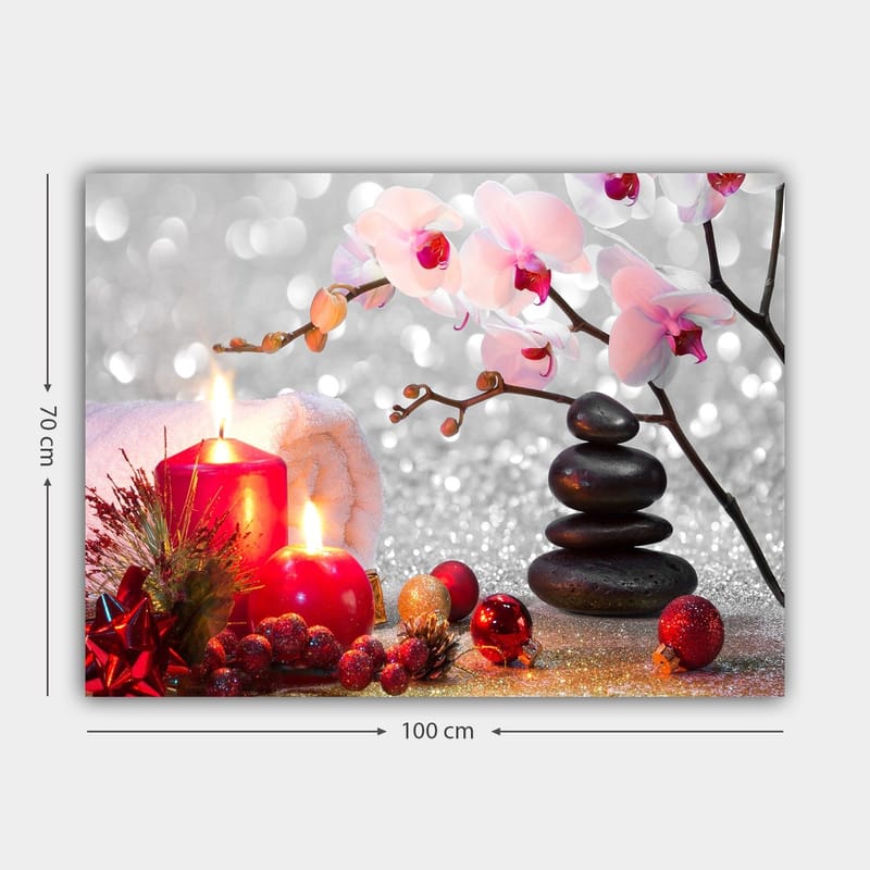Lerretsbilde 70x100 cm - Rolig komposisjon med lyse orkideer, svarte steiner og røde lys som skaper en harmonisk atmosfære - Rosa / Rød / Svart - Innredning - Bilder & kunst - Lerretsbilder