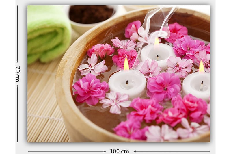 Lerretsbilde 70x100 cm - Rolig og avslappende bolle med flytende blomster og lys - Rosa / Hvit / Gul - Innredning - Bilder & kunst - Lerretsbilder