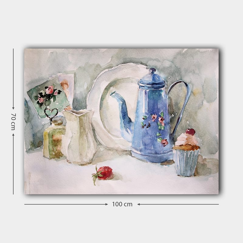 Lerretsbilde 70x100 cm - Rolig stilleben med en blå kaffekanne, et jordbær og en cupcake - Blå / Hvit / Rød - Innredning - Bilder & kunst - Lerretsbilder