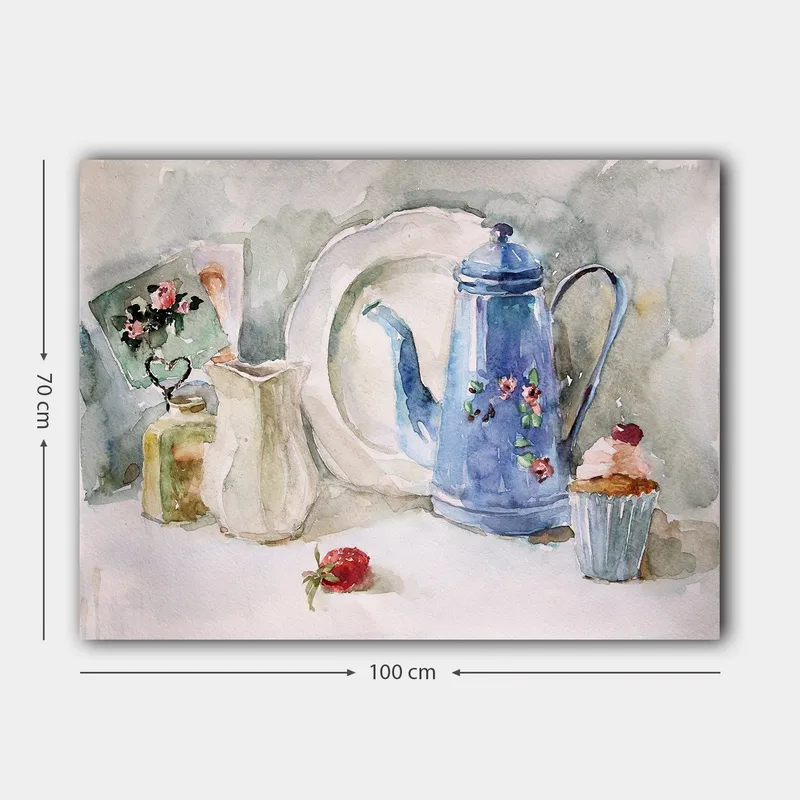 Lerretsbilde 70x100 cm - Rolig stilleben med en blå kaffekanne, et jordbær og en cupcake - Blå / Hvit / Rød - Innredning - Bilder & kunst - Lerretsbilder