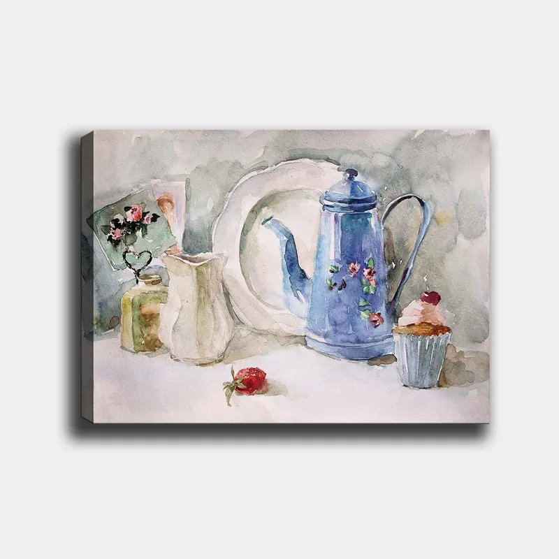 Lerretsbilde 70x100 cm - Rolig stilleben med en blå kaffekanne, et jordbær og en cupcake, Blå / Hvit / Rød