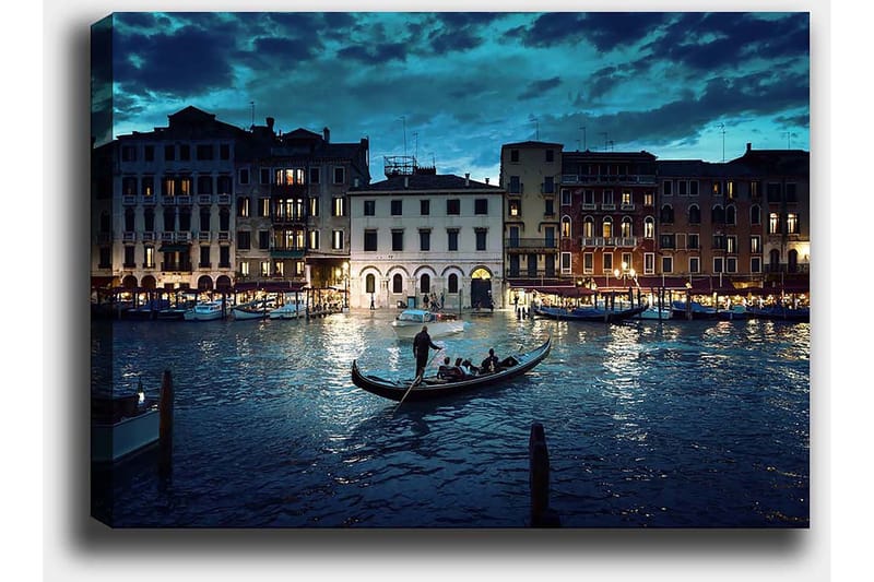 Lerretsbilde 70x100 cm - Romantisk gondoltur i Venezia i skumringen - Mørk blå / Lys blå / Gull - Innredning - Bilder & kunst - Lerretsbilder