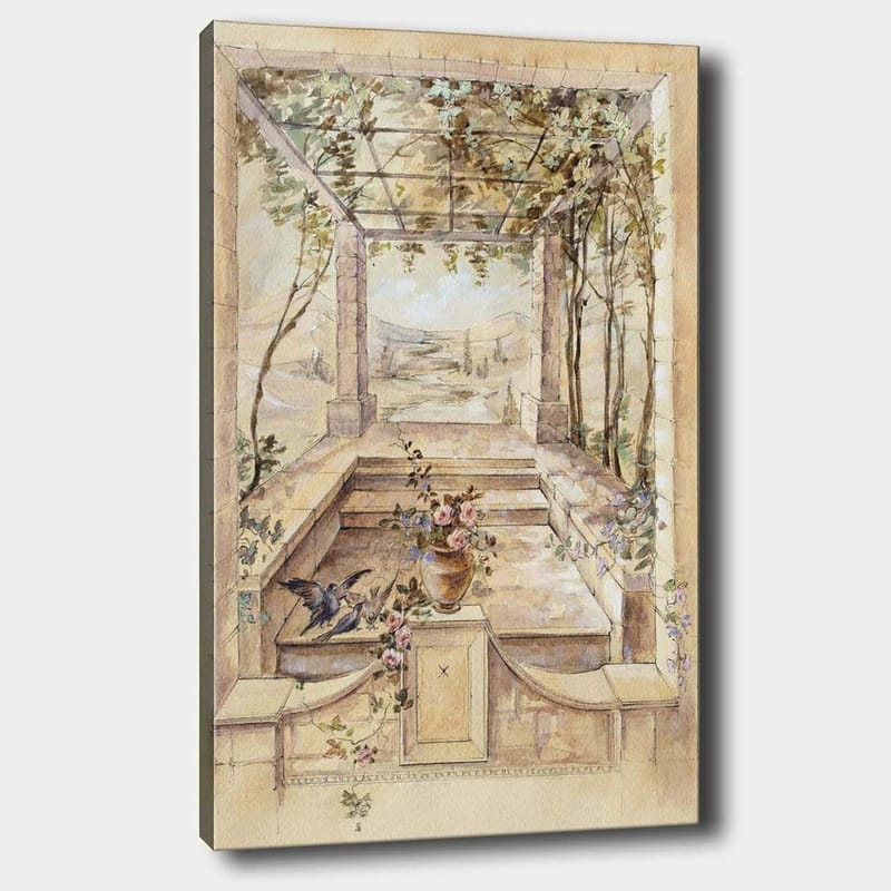 Lerretsbilde 70x100 cm - Romantisk hage med vakker utsikt og blomster i vase - Beige / Grønn / Rosa - Innredning - Bilder & kunst - Lerretsbilder