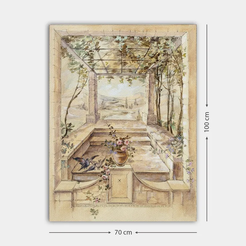 Lerretsbilde 70x100 cm - Romantisk hage med vakker utsikt og blomster i vase - Beige / Grønn / Rosa - Innredning - Bilder & kunst - Lerretsbilder